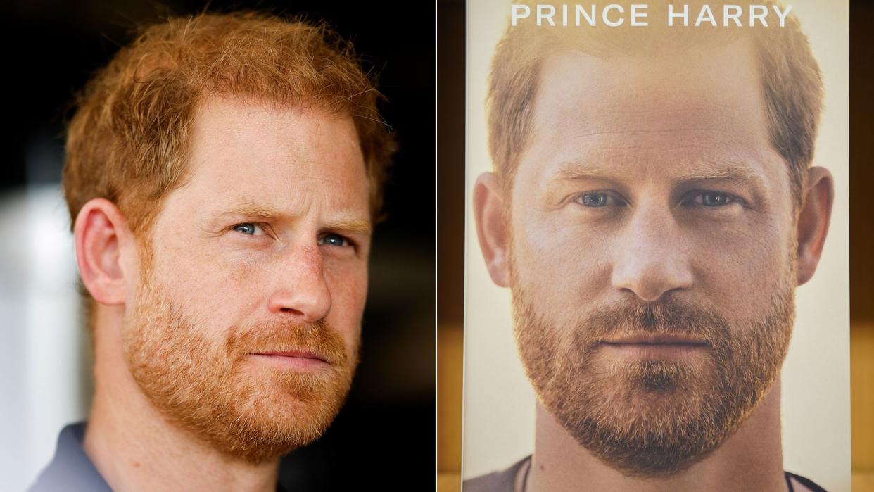 Prince Harry and cover of his book, Spare