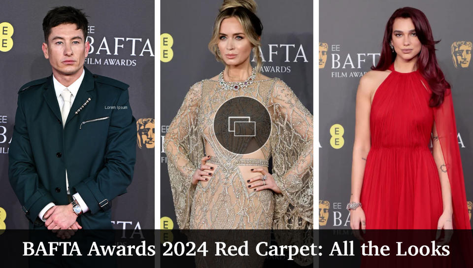 barry keoghan, emily blunt and dua lipa, red carpet fashion, during the 2024 BAFTA Awards in London on Feb. 18.