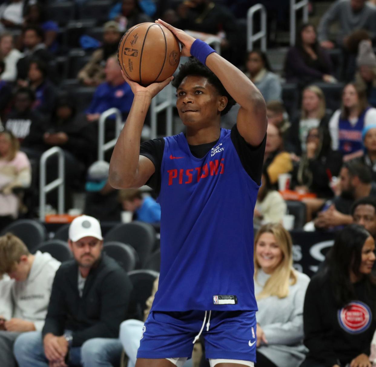 Detroit Pistons rookie forward Ausar Thompson goes through shooting drills during open practice held for fans at Little Caesars Arena, Sunday, Oct. 15. 2023.