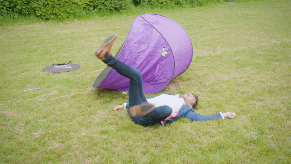 The Apprentice Steve falls over with pop-up tent in advert for camper van