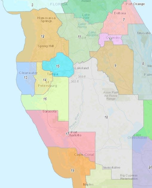 An overview of the congressional districts that divide Polk County - districts 9, 11, 15 and 18. Much of Polk County, including nearly half of Lakeland, will share a representative with Immokalee in South Florida if the districts survive judicial review.