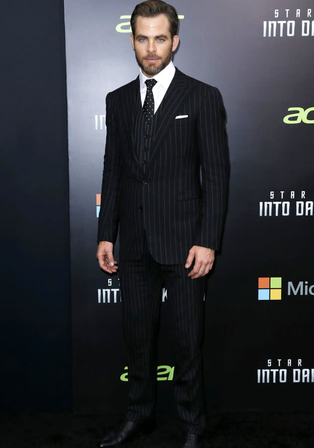 Chris Pine looked dapper in a Ralph Lauren pinstriped suit at the Star Trek Into Darkness NY screening.