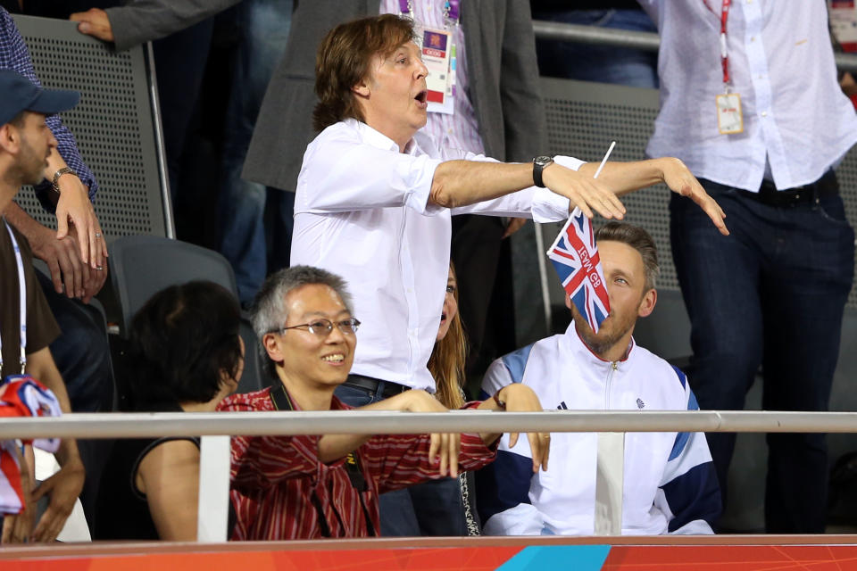 Sir Paul McCartney, Stella McCartney and Alasdhair Willis attend the Women's Team Pursuit Track Cycling Finals on Day 8 of the London 2012 Olympic Games at Velodrome on August 4, 2012 in London, England. (Photo by Quinn Rooney/Getty Images)