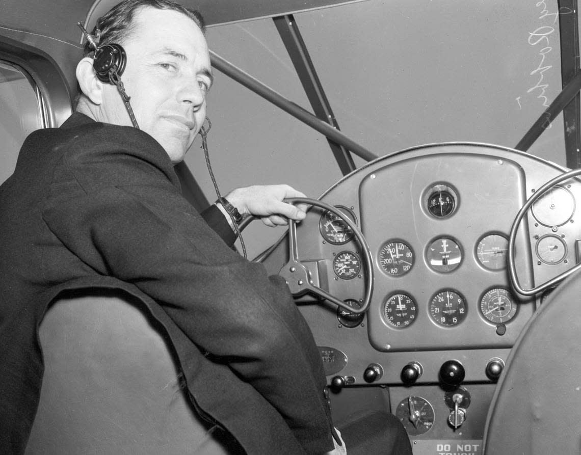 Reg Robbins, who set a record for endurance flying with James Kelly in 1929, is shown at the controls of his Howard monoplane at Fort Worth Municipal Airport (Meacham Field) in 1937. He retired from flying in 1976 and died in 1985.