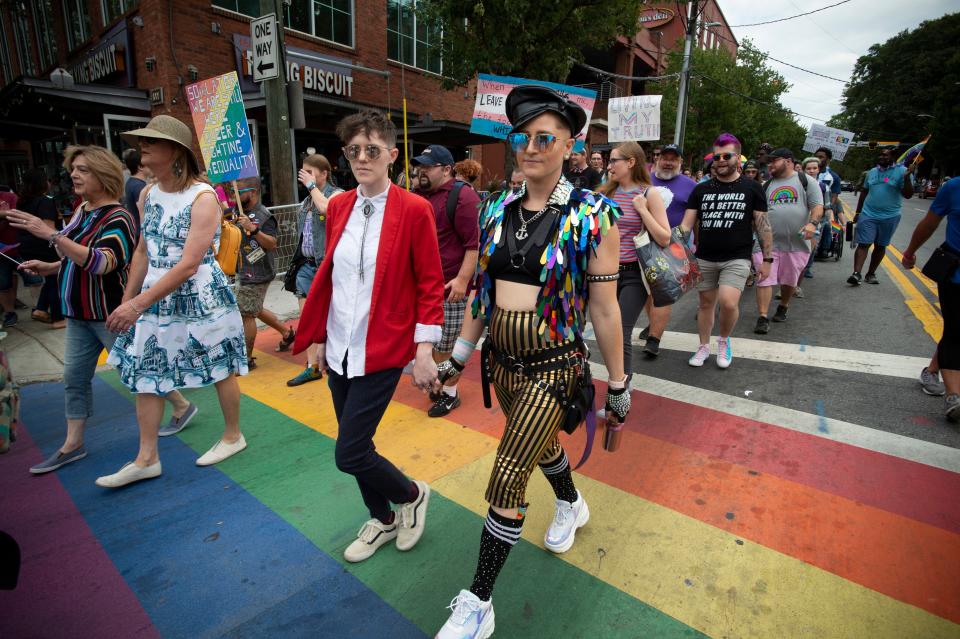 Members of Georgia's transgender and nonbinary community are shown during the October 2019 Transgender Rights March in Atlanta.