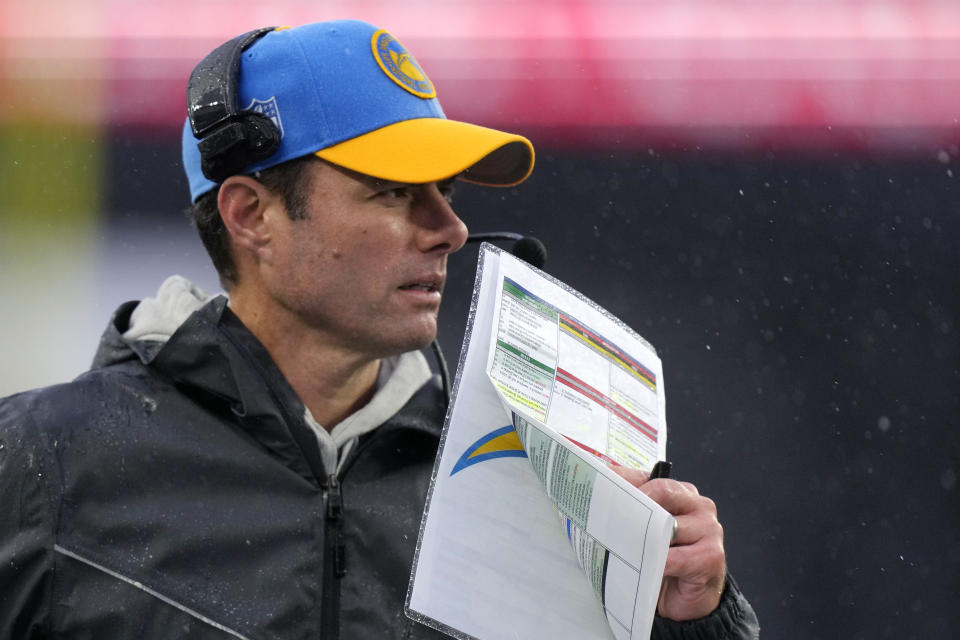 Los Angeles Chargers head coach Brandon Staley watches play during the first half of an NFL football game against the New England Patriots, Sunday, Dec. 3, 2023, in Foxborough, Mass. (AP Photo/Steven Senne)