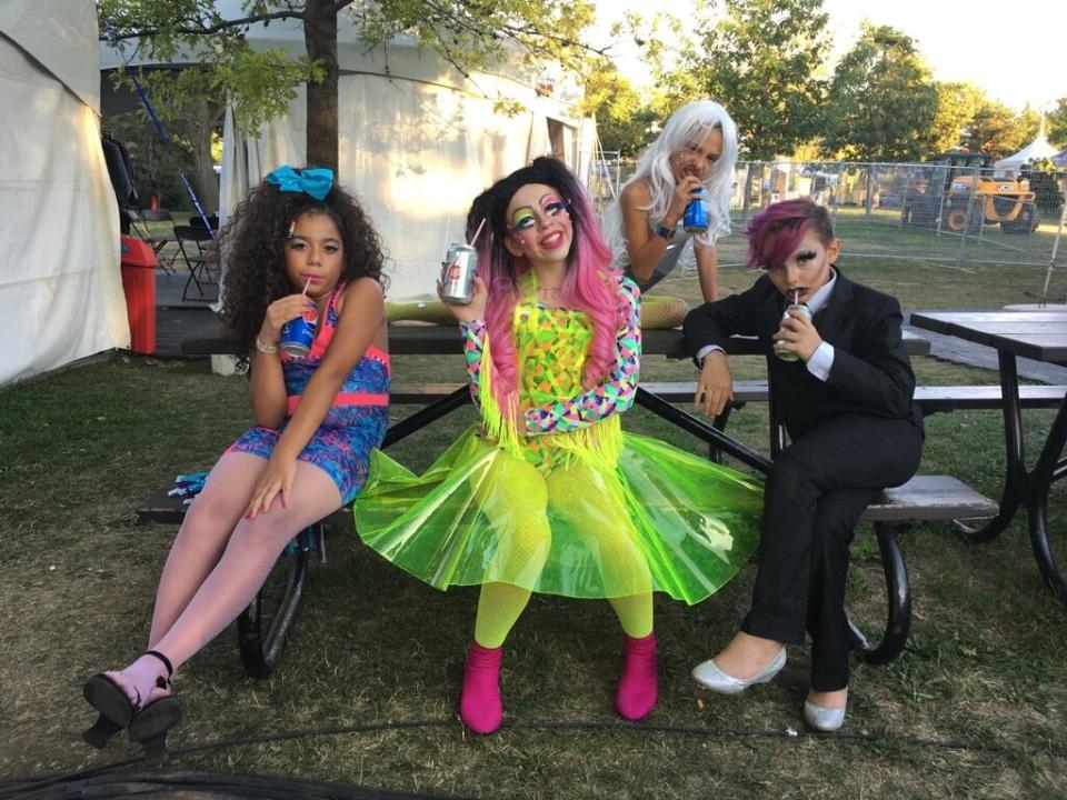 Bracken (center) with other young drag performers,&nbsp;Suzan-Bee Anthony (left), Laddy Gaga (right of center) and Lactatia (far right). (Photo: Courtesy of Megan Wennberg)
