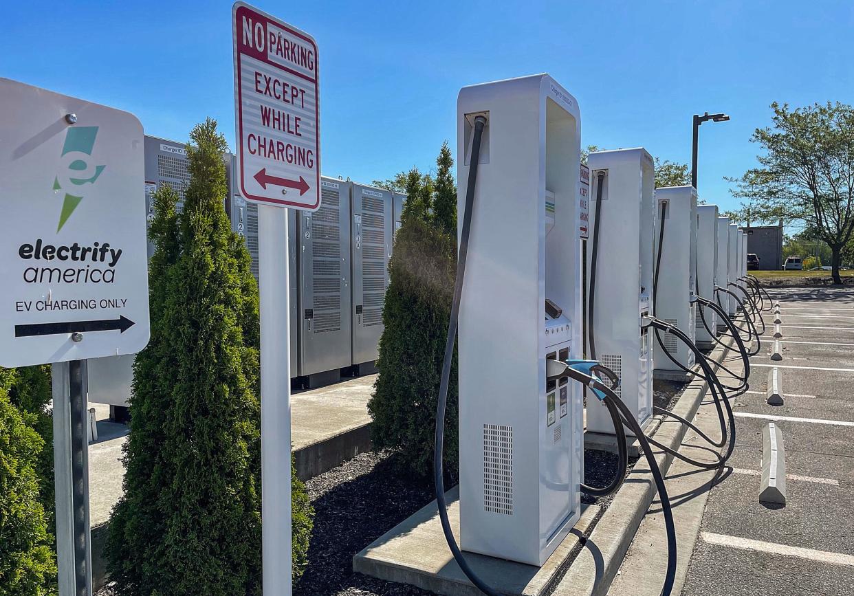 Public electric vehicle charging ports Thursday, June 23, 2022, on the south side of Indianapolis. 