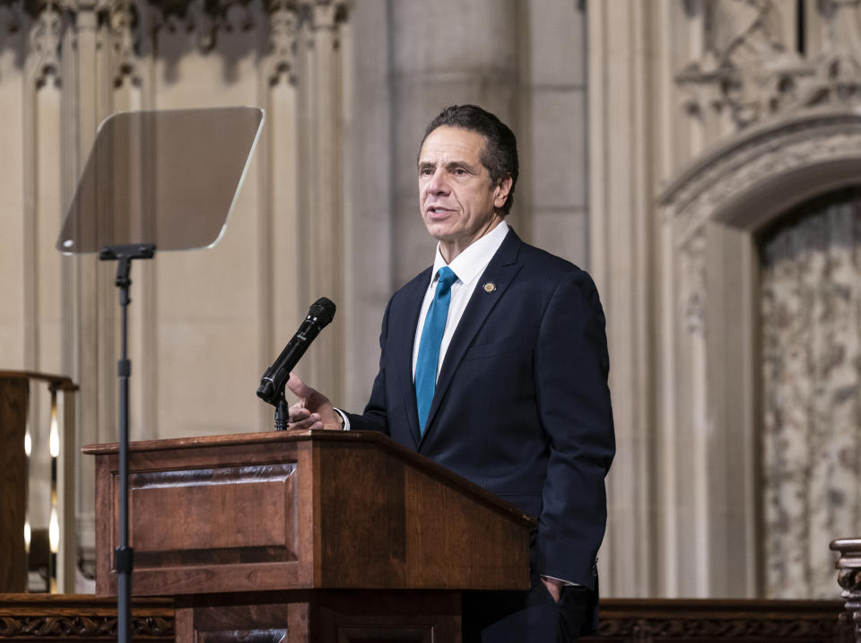 Governor Andrew Cuomo delivers remarks at Riverside Church during morning worship on the inequities in the Trump administration's vaccine distribution plan. (Lev Radin/Pacific Press/LightRocket via Getty Images)