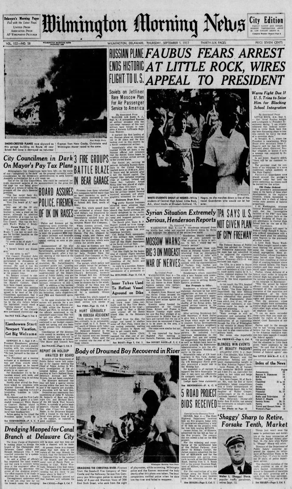 Front page of the Wilmington Morning News from Sept. 5, 1957.