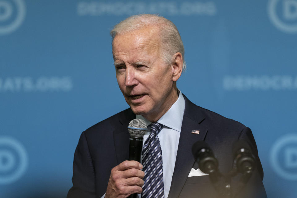 President Joe Biden speaks about the death of Queen Elizabeth II at a Democratic National Committee event at the Gaylord National Resort and Convention Center, Thursday, Sept. 8, 2022, in Oxon Hill, Md. (AP Photo/Alex Brandon)