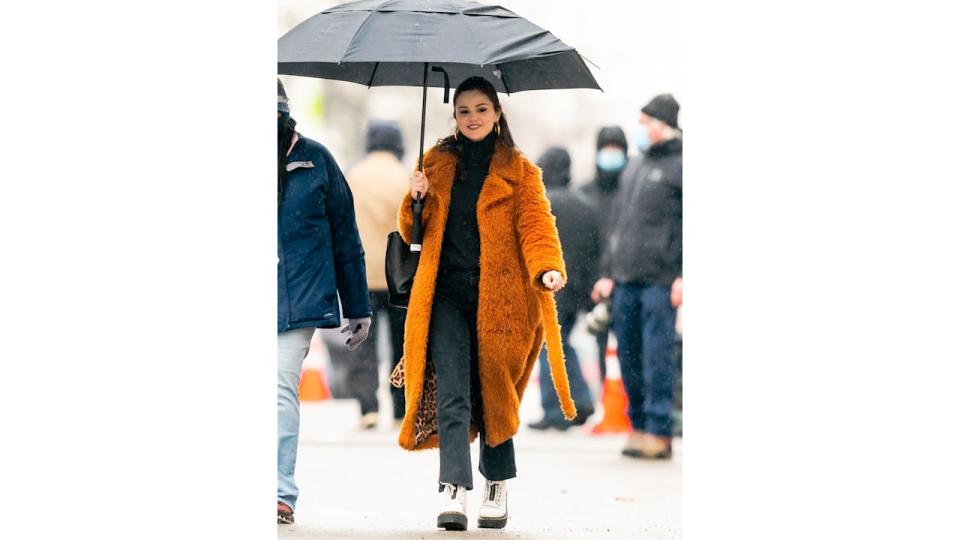 Selena Gomez is seen on set for "Only Murders in the Building" in Rockaway Beach on February 23, 2021 in New York City. (Photo by Gotham/GC Images)