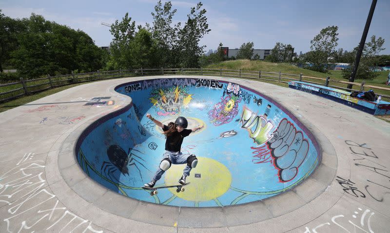 fay defazio ebert,13, is a professional skateboarder and canada's best hope for a medal in paris, practices at ashbridges bay skatepark