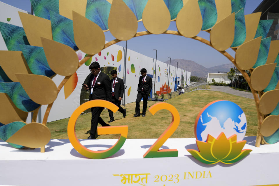 G-20 signage is displayed at the venue of G-20 financial conclave in Bengaluru, India, Wednesday, Feb. 22, 2023. Top financial leaders from the Group of 20 leading economies are gathering in the south Indian technology hub of Bengaluru to tackle challenges to global growth and stability. India is hosting the conclave for the first time in 20 years. (AP Photo/Aijaz Rahi)