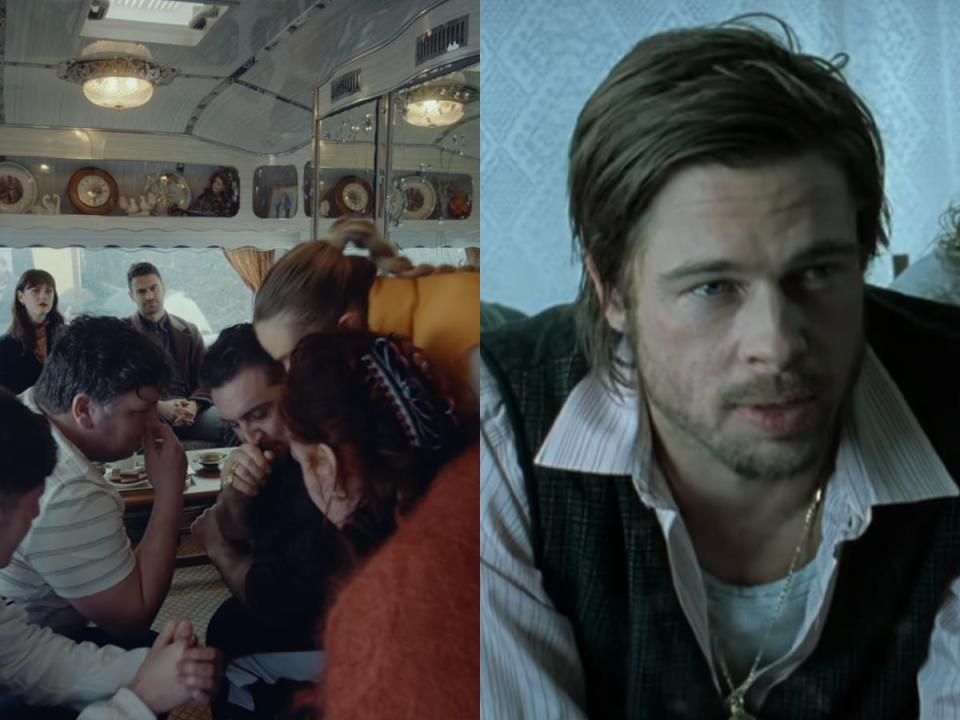 The travelers talk in front of Susie Glass (Kaya Scodelario) and Eddie Horniman (Theo James) in "The Gentlemen," and Brad Pitt as Mickey in "Snatch."