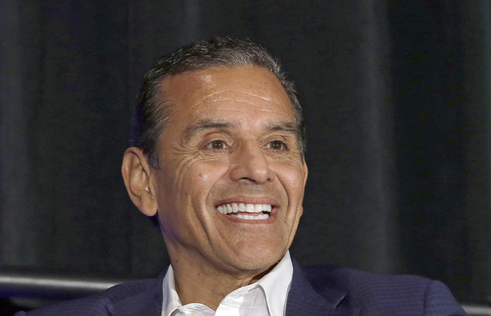FILE - In this March 8, 2018, file photo, California gubernatorial candidate Antonio Villaraigosa discusses the state's housing problems at a conference in Sacramento, Calif. The potential ascendancy of Sen. Kamala Harris to the vice presidency next year has kicked off widespread speculation about who might replace her if Democrats seize the White House. California Gov. Gavin Newsom is already being lobbied by hopefuls and numerous names are emerging in the early speculation. Villaraigosa, a one-time Newsom rival for governor who considered running for Senate in 2015, has a national profile. (AP Photo/Rich Pedroncelli, File)