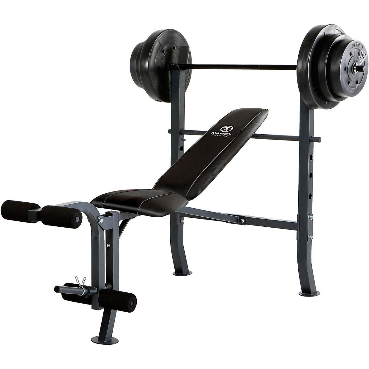 Black weight bench with 100-pound weight set.
