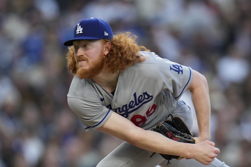 Los Angeles Dodgers starting pitcher Dustin May works against a San Diego Padres batter during the sixth inning of a baseball game Saturday, May 6, 2023, in San Diego. (AP Photo/Gregory Bull)