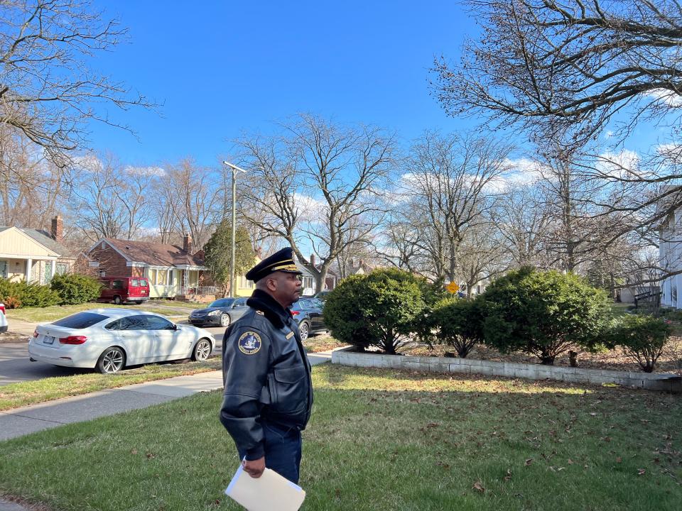Detroit Police Chief James White went door to door on Memorial Street on March 29, 2023, the same street where an 80-year-old woman was sexually assaulted outside of her home just days prior, and passed out flyers with a sketch of the suspect.