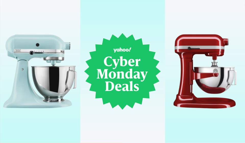 kitchenaid stand mixers in blue and red with a tag in the center that says 'Yahoo! Cyber Monday Deals'