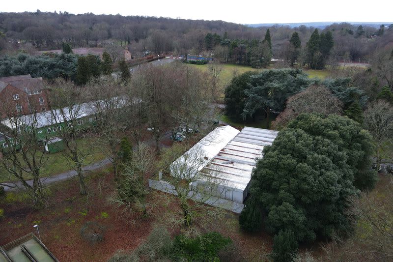 A temporary mortuary is seen in the grounds of a former RAF rehabilitation hospital at Headley Court in Epsom