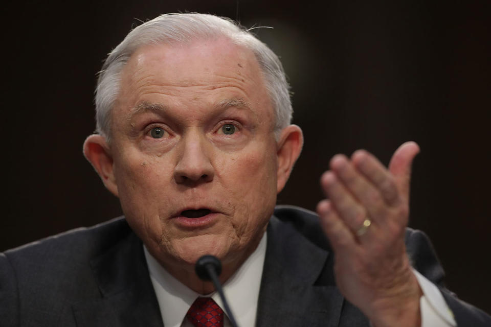 <p>U.S. Attorney General Jeff Sessions testifies before the Senate Intelligence Committee about Russian interference in the 2016 presidential election in the Hart Senate Office Building on Capitol Hill June 13, 2017 in Washington, D.C. (Photo: Chip Somodevilla/Getty Images) </p>