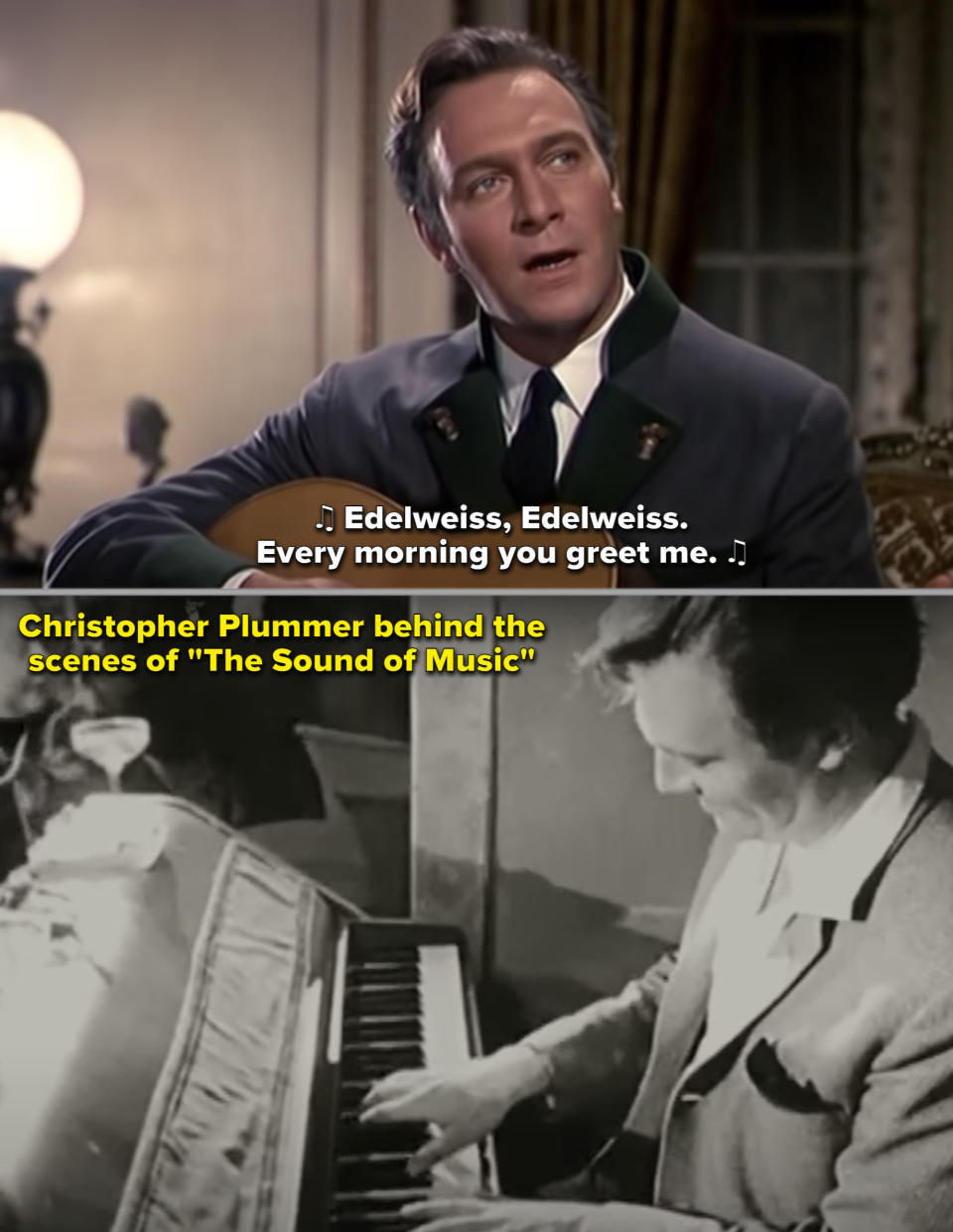 Christopher Plummer playing the guitar and piano