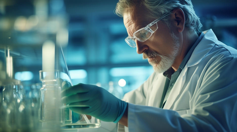 A biotechnologist in a lab coat closely observing a glass beaker of a newly formulated drug.