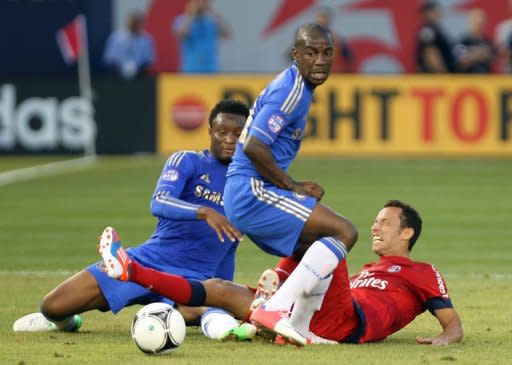 Paris Saint-Germain's Nene (R) and Chelsea's Gael Kakuta (C) and John Mikel Obi during a football friendly at Yankee Stadium on July 22. European champions Chelsea played to a 1-1 draw with Paris Saint-Germain