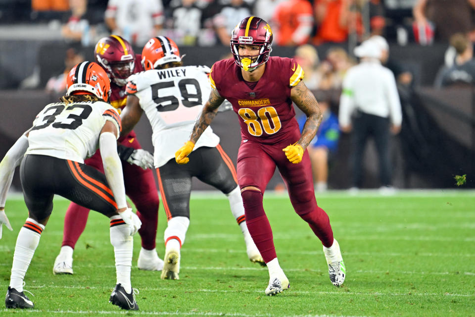 Tight end Curtis Hodges #80 of the Washington Commanders. (Photo by Jason Miller/Getty Images)