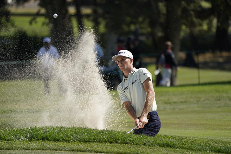 Will Zalatoris watches his shot out of a bunker up to the third green of the Silverado Resort North Course during the first round of the Fortinet Championship golf tournament Thursday, Sept. 16, 2021, in Napa, Calif. (AP Photo/Eric Risberg)