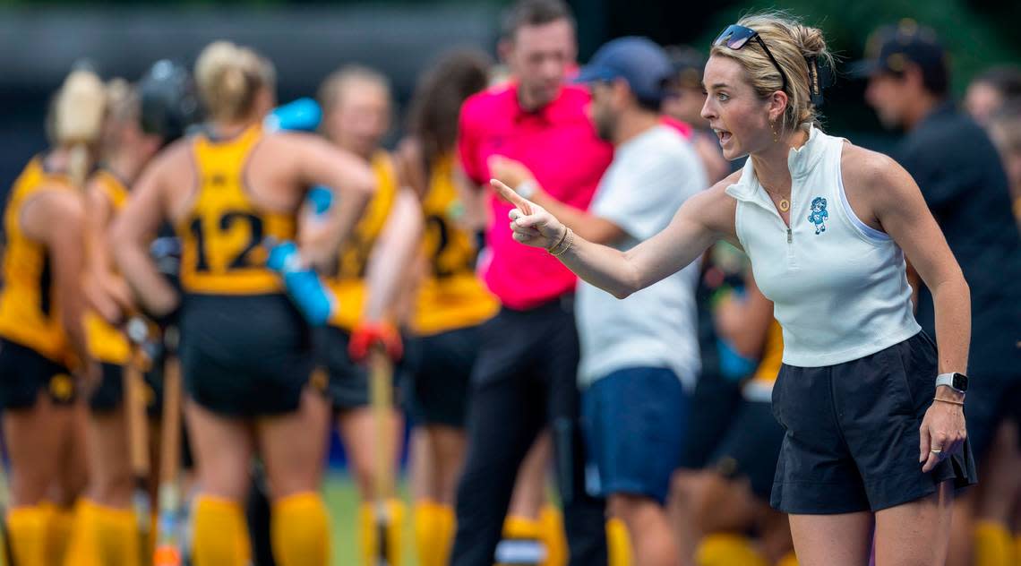 North Carolina field hockey coach Erin Matson directs her players during their game against Iowa on Sunday, August 27, 2023 at Karen Shelton Stadium in Chapel Hill, N.C.
