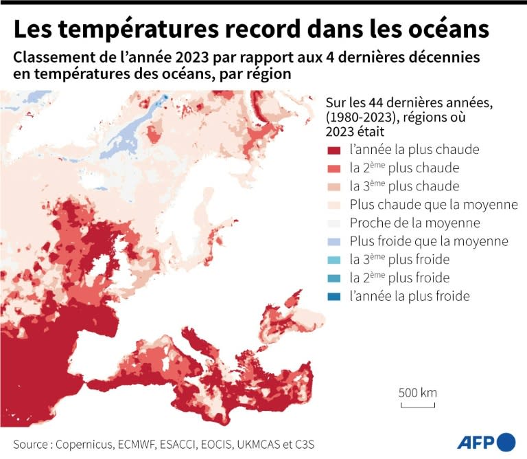 Carte d'Europe et du Nord de l'Atlantique, montrant les régions marines dans lesquelles 2023 a été l'année la plus chaude sur les 44 dernières (Aníbal Maíz Cáceres)