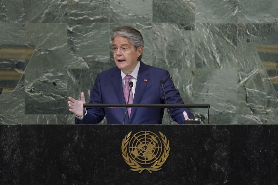 FILE - President of Ecuador Guillermo Lasso addresses the 77th session of the United Nations General Assembly, Sept. 21, 2022, at U.N. headquarters. President Joe Biden will meet this coming Monday, Dec. 19, with Lasso at the White House. (AP Photo/Mary Altaffer, File)