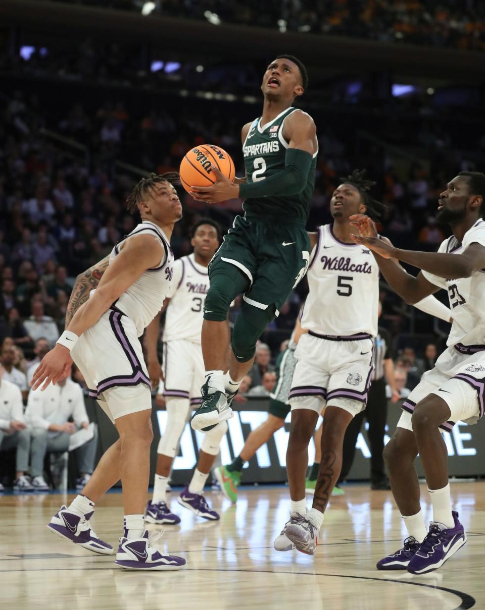 Michigan State guard Tyson Walker goes up for a shot vs. Kansas State in first-half action in the NCAA tournament East region Sweet 16 at Madison Square Garden in New York on Thursday, March 23, 2023.