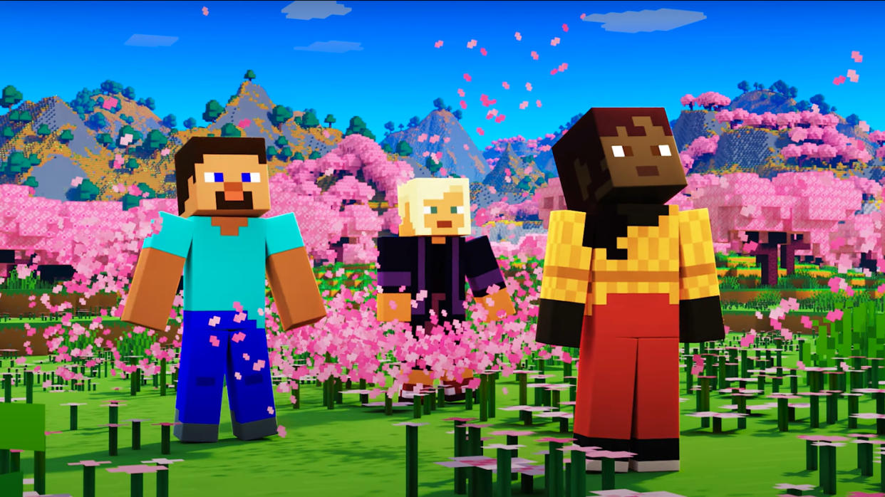  A trio of Minecraft characters, including Steve, look at something off camera in a field surrounded by cherry blossom trees. 