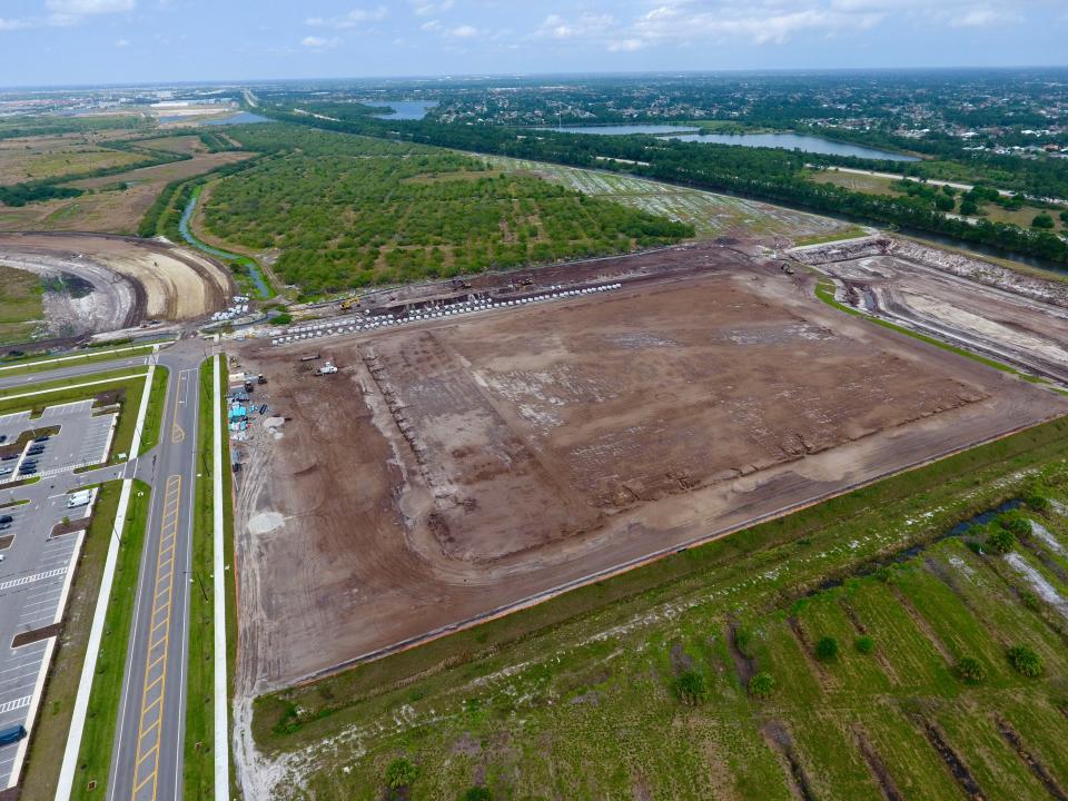 An aerial drone photograph shows the planned future location of a Costco regional distribution depot in Port St. Lucie, located within the Southern Grove "jobs corridor" acquired by the city in 2018.