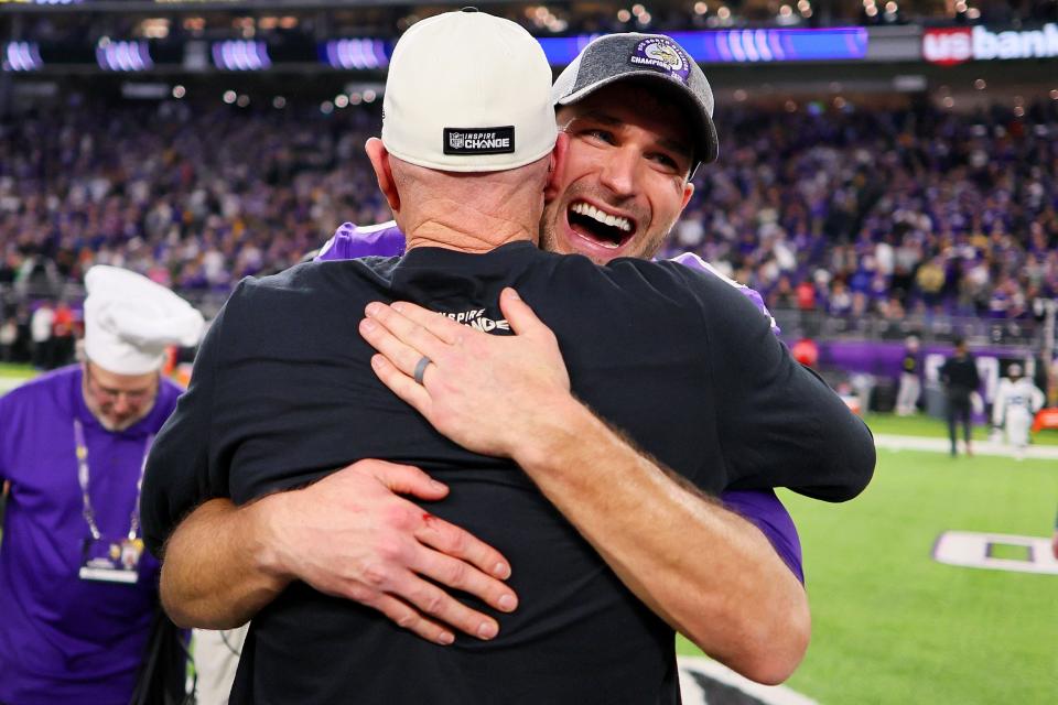 MINNEAPOLIS, MINNESOTA - DECEMBER 17: Kirk Cousins #8 of the Minnesota Vikings celebrates on the field after defeating the Indianapolis Colts at U.S. Bank Stadium on December 17, 2022 in Minneapolis, Minnesota. (Photo by Adam Bettcher/Getty Images)