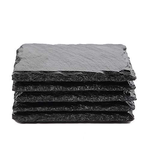 8) Slate Stone Drink Coasters - Set of 5 Square Black Natural Edge Stone Drink Coasters for Bar and Home- 4" x 4"