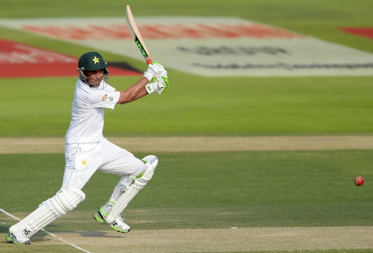 Pakistan's Younis Khan plays a shot on the first day of their second Test against the West Indies in Abu Dhabi on October 21, 2016