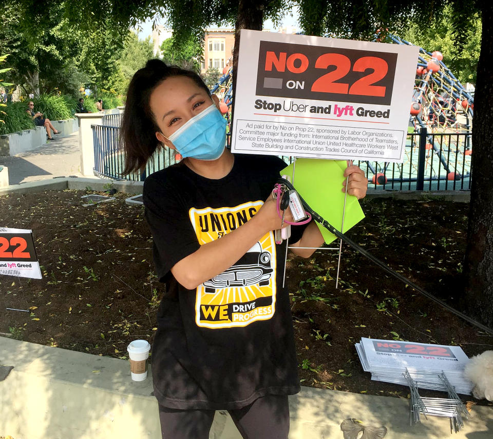 A rally in San Francisco against Prop. 22 hosted by We Drive Progress, an organizing group for Lyft and Uber drivers, on May 15, 2020. (Courtesy We Drive Progress)