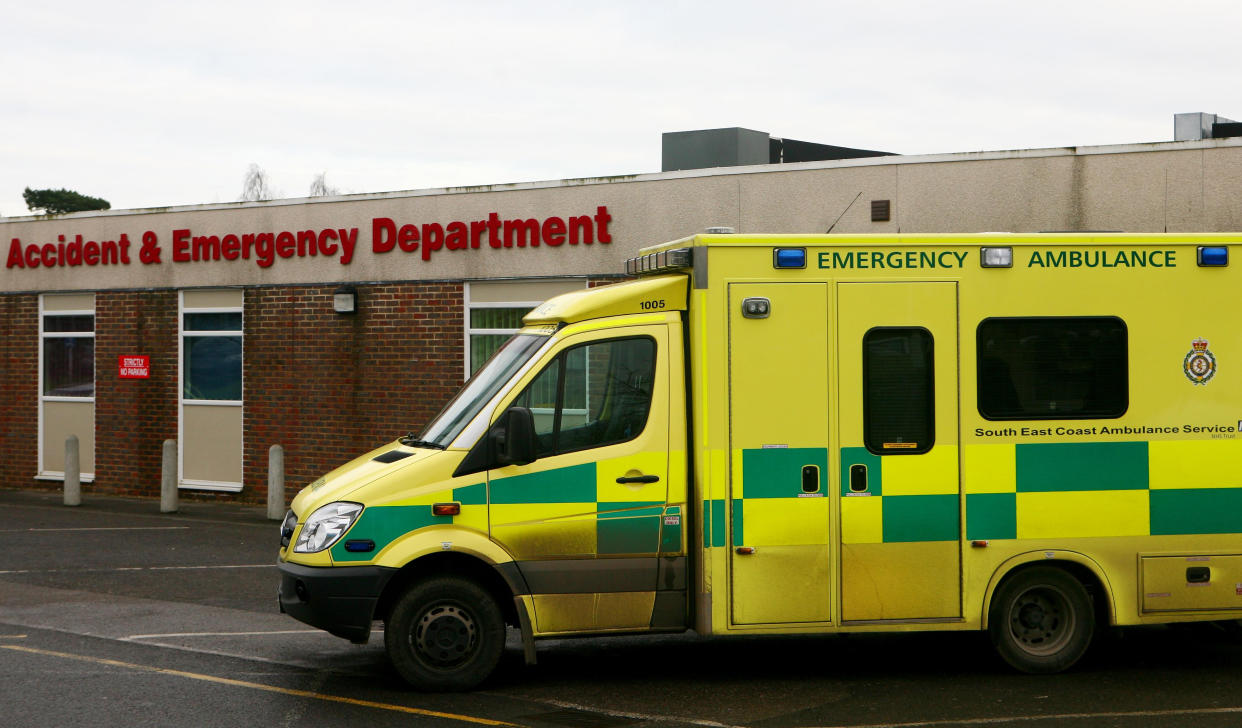 A general view of an emergency ambulance outside the Accident and Emergency Department of the William Harvey Hospital in Ashford, Kent.   (Photo by Gareth Fuller - PA Images/PA Images via Getty Images)