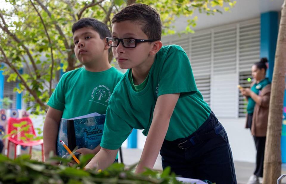 Adrián Valdés toma notas durante la clase al aire libre de 30 minutos en el Huerto del Bosque de Alimentos