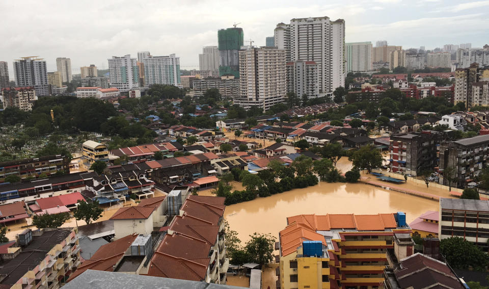 An aerial view shows the flooded residential area in George Town