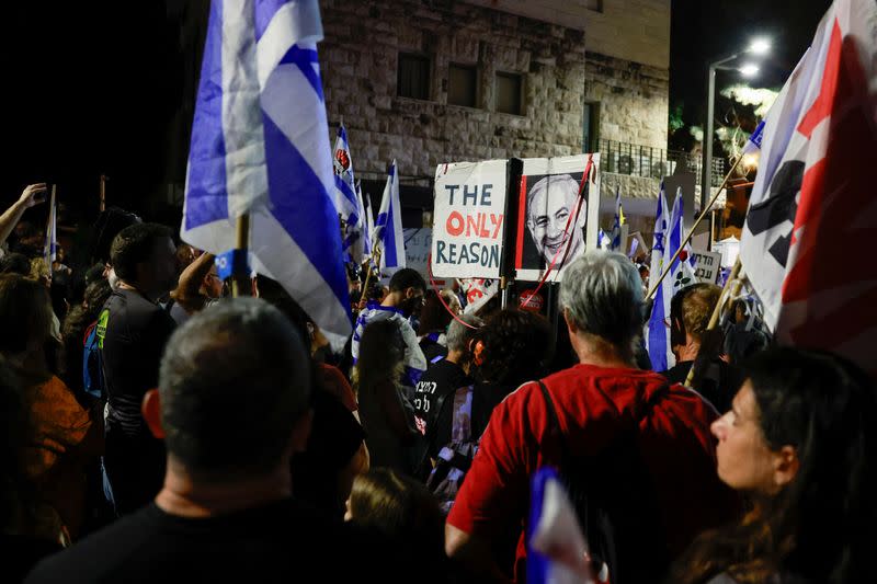 Protest near Israeli PM Netanyahu's residence, in Jerusalem