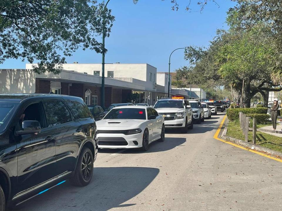 Law enforcement officers from Medley, Virginia Gardens, Sweetwater, Hialeah and the city of Miami took part in a parade Wednesday, Feb. 21, 2024, to honor Miami Springs police chief Armando Guzman, who is retiring on Feb. 27.