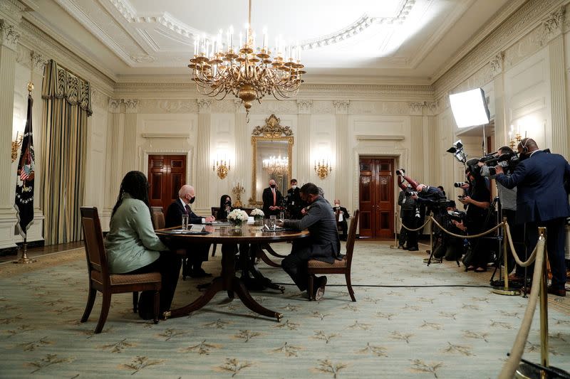 U.S. President Joe Biden hosts roundtable discussion on coronavirus aid legislation at the White House in Washington