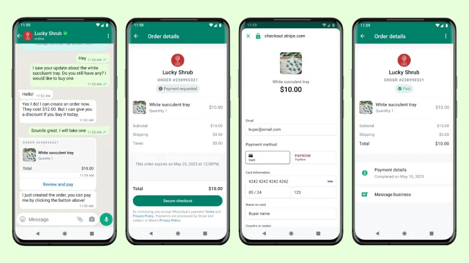 Screenshots of how the new WhatsApp in-chat payment feature works. 