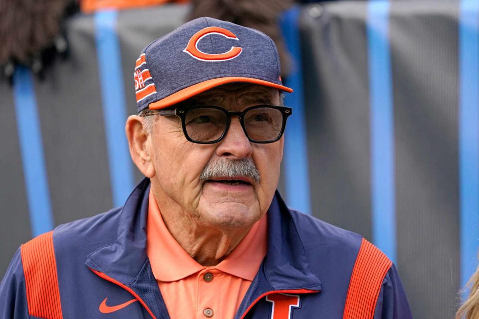 <p>AP Photo/Nam Y. Huh</p> ick Butkus watches  NFL football game against the Houston Texans Sunday, 2022, in Chicago. 