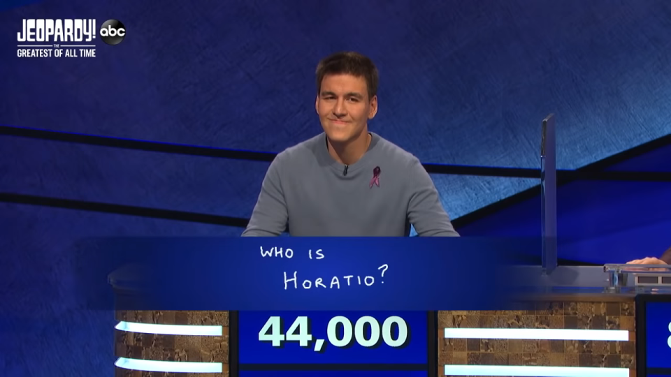 person on Jeopardy answering a question